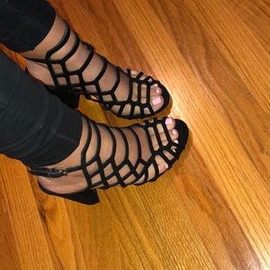 black caged heels